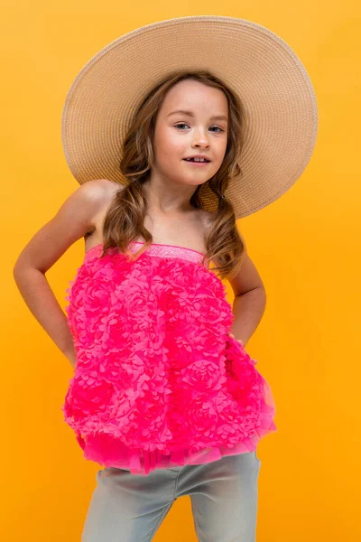Beautiful Emotional Little Girl Straw Hat Posing Orange Background — Stock Photo, Image