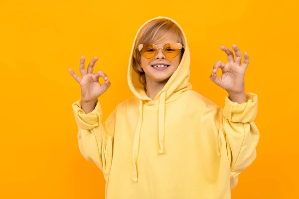 Cute Fashionable Boy Posing Yellow Hoodie — Stock Photo, Image