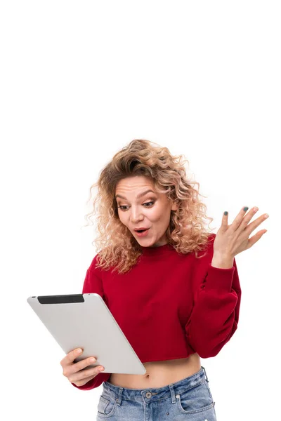 Young Woman Posing Digital Tablet White Background — Stock Photo, Image