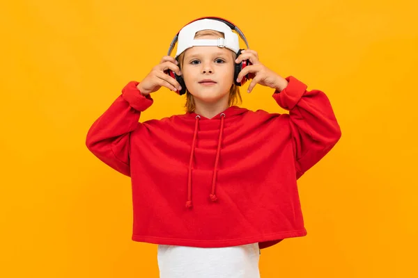 Fashionable Boy Posing Studio Orange Background — Stock Photo, Image