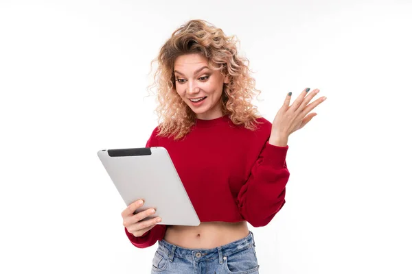 Young Woman Posing Digital Tablet White Background — Stock Photo, Image