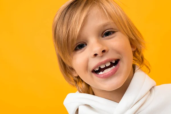 Emotional Boy White Hoodie Posing Orange Background — Stock Photo, Image