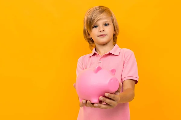 Little Boy Piggy Bank Orange — Stock Photo, Image