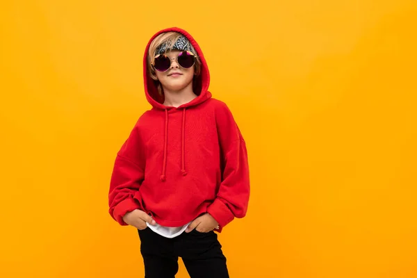 Cute Fashionable Boy Wearing Red Hoodie Sunglasses Posing Orange — Stock Photo, Image