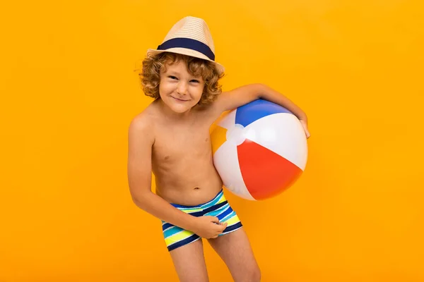 Little Boy Posing Beach Style Orange Background — Stock Photo, Image