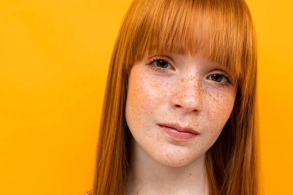 Emotional Ginger Girl Posing Orange Background — Stock Photo, Image