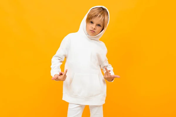 Emotional Boy White Hoodie Posing Orange Background — Stock Photo, Image