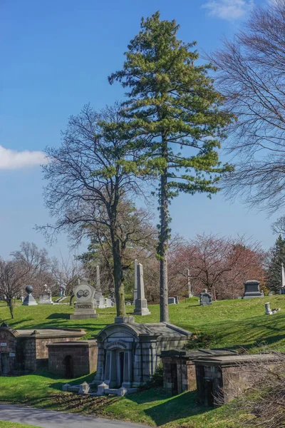 Brooklyn New York Usa Two Tall Trees Tower Graves Mausoleums — Stock Photo, Image