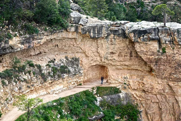 Grand Canyon Ulusal Parkı, Arizona: Parlak Melek Patikası 'nda, Büyük Kanyon' un Güney Şeridi 'nin altında bir tünelin yakınında duran bir turist.