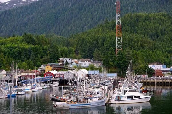 アラスカ州ケチカン 英語版 港内の漁船 背後に森林に覆われた山 — ストック写真