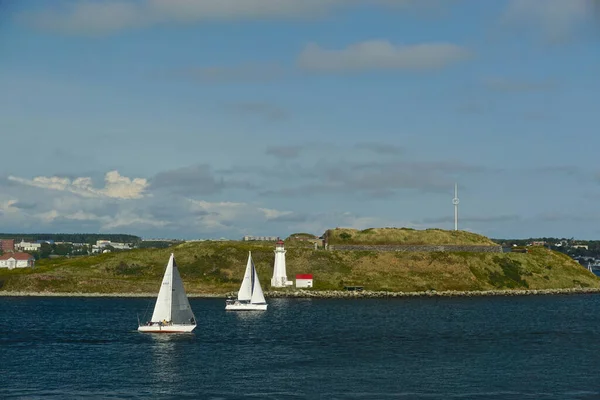 Halifax Nova Escócia Canadá Veleiros Correndo Halifax Harbor Com Farol — Fotografia de Stock