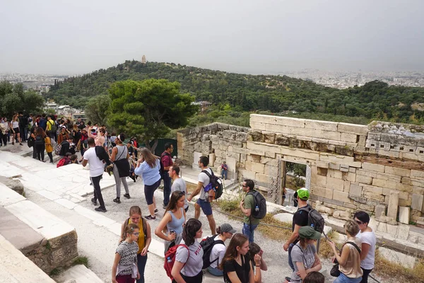 Athènes Grèce Les Touristes Foule Propyla Entrée Acropole Athènes Près — Photo