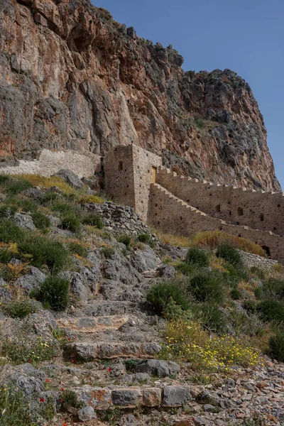 Monemvasia Grécia Bastião Torre Parede Oriental Cidade Medieval Castelo Monemvasia — Fotografia de Stock