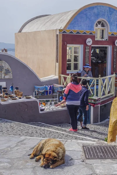 Oia Santorini Grécia Cão Dorme Pacificamente Calçada Enquanto Turistas Compram — Fotografia de Stock