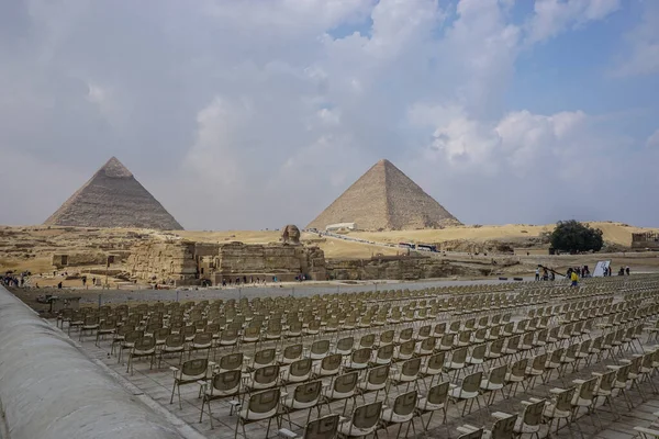 Giza Egitto Una Troupe Telecamere Prepara Uno Spettacolo Luci Notturne — Foto Stock