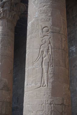 Edfu, Mısır: Dendera 'nın Horus ve Hathor' una adanmış en büyük tapınak olan Edfu tapınağının avlusundaki sütunların ayrıntıları.