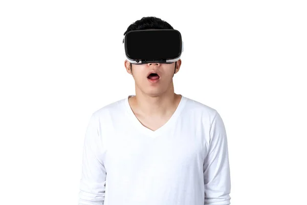 Pemuda Asia Berpakaian Putih Kasual Memegang Atau Mengenakan Kacamata Menonton — Stok Foto