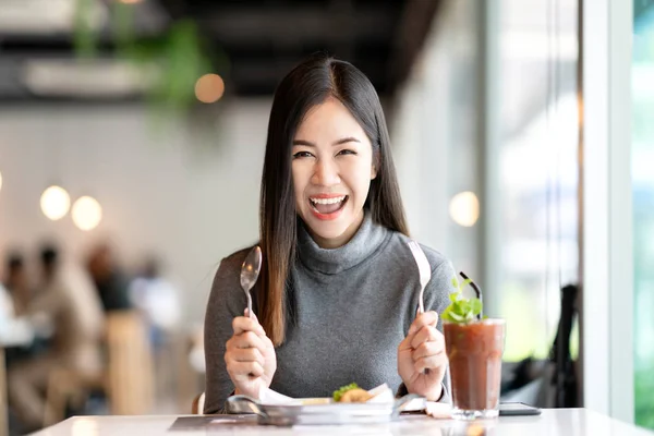 Young Attractive Asian Woman Holding Fork Spoon Feeling Hungry Excited Royalty Free Stock Photos