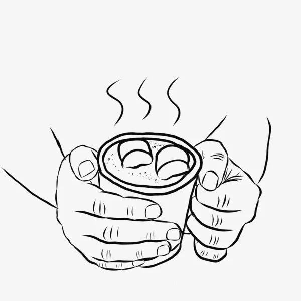 Men Hands Hold Cup Hot Cocoa Marshmallows Illustration Sketch Style — Stock Photo, Image
