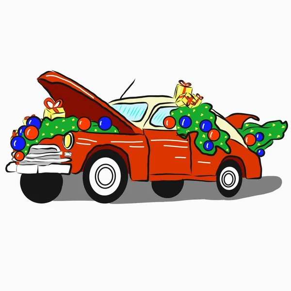 Bożonarodzeniowy Samochód Choinką Świąteczne Kulki Prezenty Lampki Jasna Świąteczna Ilustracja — Zdjęcie stockowe