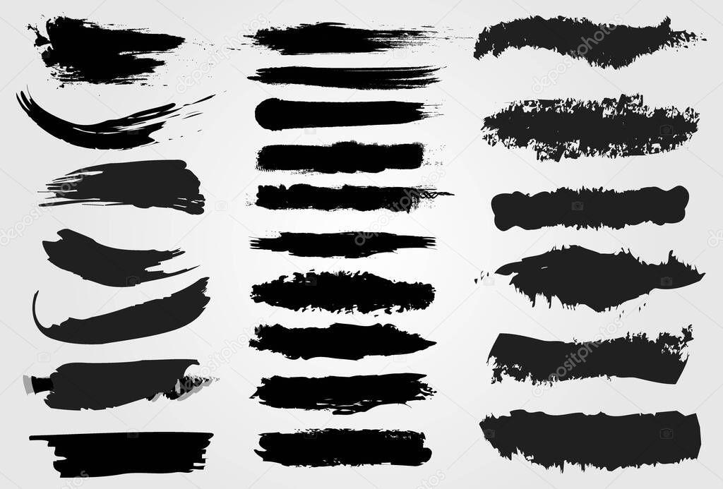 Big collection of black paint, ink brush strokes, brushes, lines, grungy. Dirty artistic design elements, boxes, frames. Vector illustration. Isolated on white background.