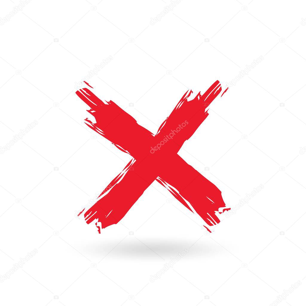 Cross sign element. Red grunge X icon  isolated on white background.