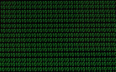 Yeşil bilgisayar dili ikili değerleri siyah arkaplanda parlar.