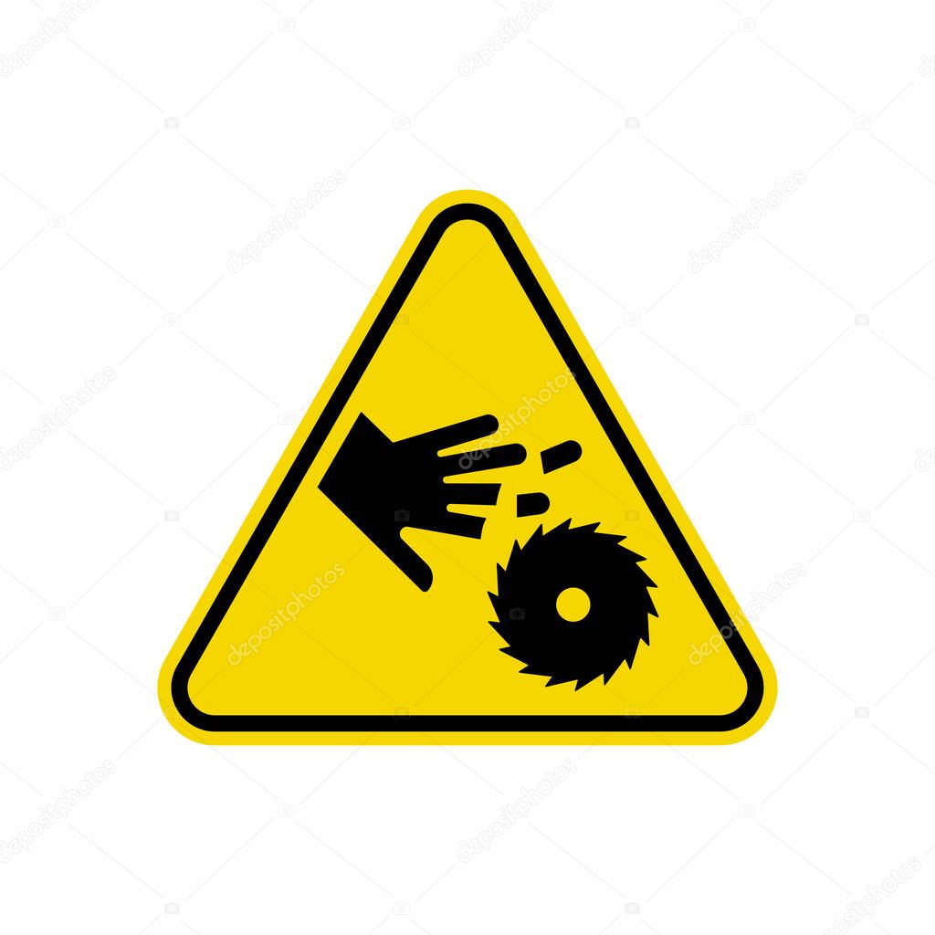Cutting Hand Rotating Blade Sign. Yellow Triangle Warning Symbol Simple, Flat Vector, Icon You Can Use Your Website Design, Mobile App Or Industrial Design