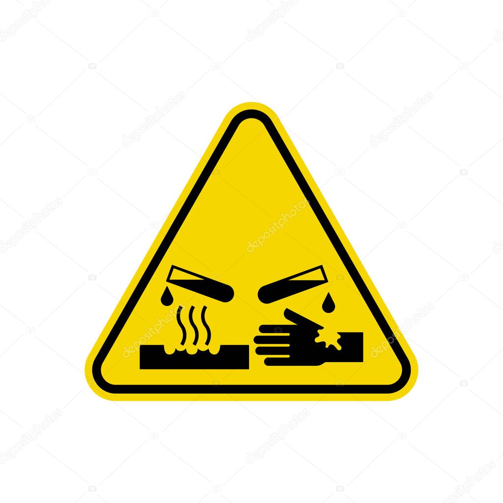 Corrosive Substance Sign. Yellow Triangle Warning Symbol Simple, Flat, Vector, Icon You Can Use Your Website Design, Mobile App Or Industrial Design. Vector Illustration