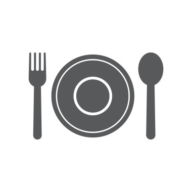 Tabak, çatal ve kaşık ikonu. Restoran sembolü modern, basit, vektör, web sitesi tasarımı için simge, mobil uygulama, ui. Vektör İllüstrasyonu