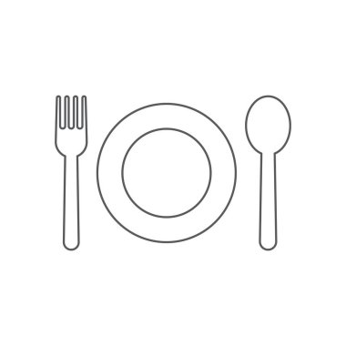 Tabak, çatal ve kaşık ikonu. Restoran sembolü modern, basit, vektör, web sitesi tasarımı için simge, mobil uygulama, ui. Vektör İllüstrasyonu