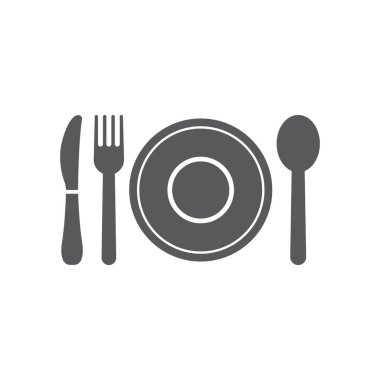 Tabak, kaşık, çatal ve bıçak ikonu. Restoran sembolü modern, basit, vektör, web sitesi tasarımı için simge, mobil uygulama, ui. Vektör İllüstrasyonu