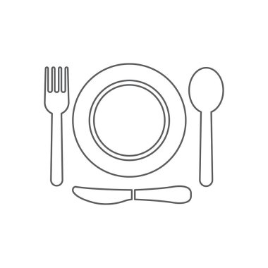 Tabak, kaşık, çatal ve bıçak ikonu. Restoran sembolü modern, basit, vektör, web sitesi tasarımı için simge, mobil uygulama, ui. Vektör İllüstrasyonu