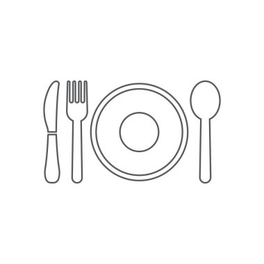 Tabak, kaşık, çatal ve bıçak ikonu. Restoran sembolü modern, basit, vektör, web sitesi tasarımı için simge, mobil uygulama, ui. Vektör İllüstrasyonu
