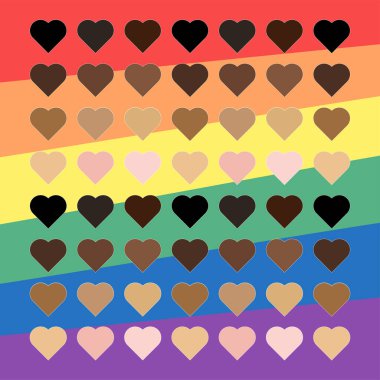 Hearts with racial color on rainbow background. Vector Illustration clipart