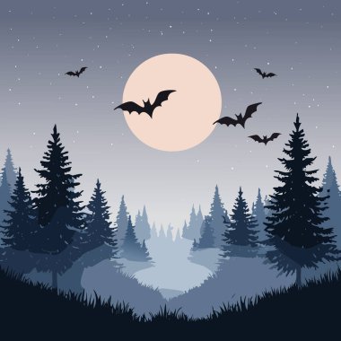 Halloween night forest with bats and full moon