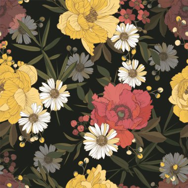 Çiçek, yaprak, böğürtlen, dal desenli kusursuz desen.