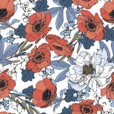 Kusursuz vektör deseni. Çiçek tasarımı - şakayıklar ve gerberalar