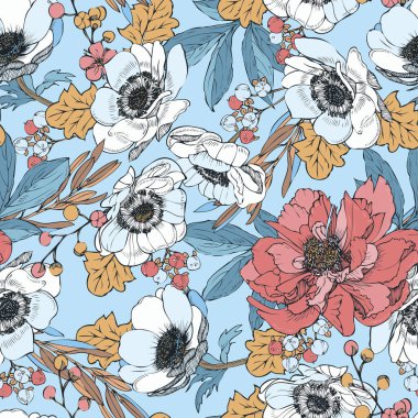 Kusursuz vektör deseni. Çiçek tasarımı - şakayıklar ve gerberalar