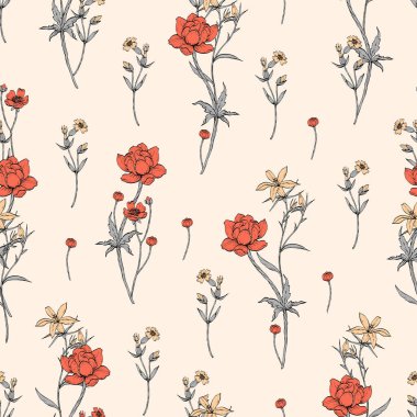 Yumuşak yaban çiçekleri ile kusursuz vektör deseni