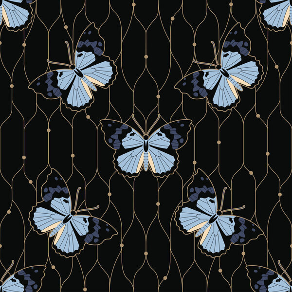 Бесшовный узор с изображением бабочек на плетеном фоне в стиле ар-деко для дизайна поверхности
