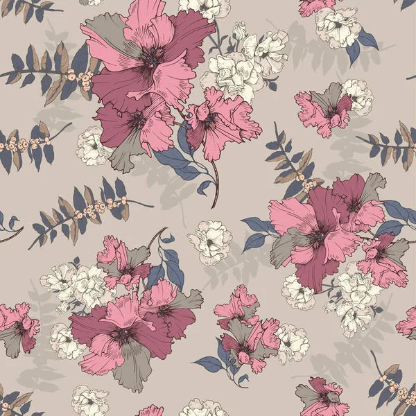 Florales Nahtloses Muster Mit Eleganten Blumen Und Einem Beerenzweig — Stockvektor