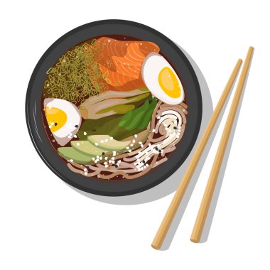 Somon ve sebzeli Japon ramen kasesi.