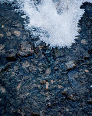 Buzlu, kayalı ve kuru otlu donmuş akarsu