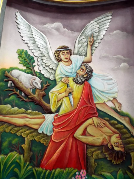 2018年1月9日 インドネシア スマトラ州メダン アブラハムの壁画は息子イサクを殺す前に天使によって停止された マリア アナイ ヴェランカンニ教会 インドネシア — ストック写真