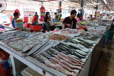 Georgetown, Penang, Malezya, 4 Ocak 2020: Bir adam Georgetown, Malezya 'daki Pasar Lebuh Cecil Market' teki tezgahında balık sıraladı.