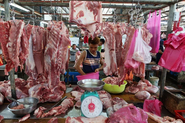 Georgetown Penang Malasia Enero 2020 Vendedor Puesto Carne Pasar Lebuh — Foto de Stock