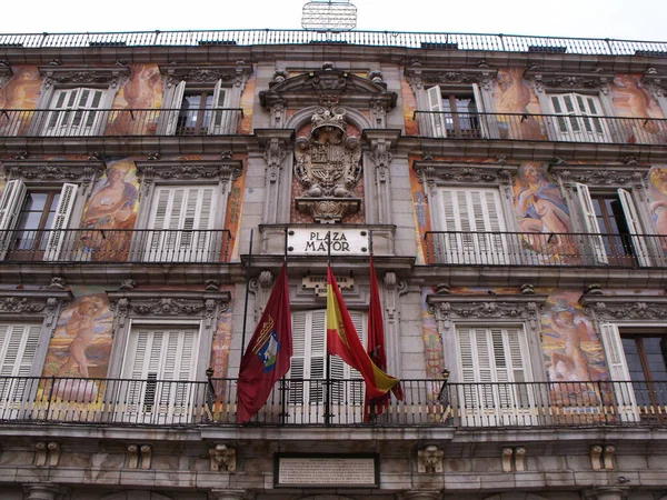 Мадрид Испания Августа 2015 Красочный Фасад Здания Площади Plaza Mayor — стоковое фото