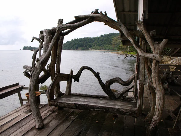 Banc Bois Rustique Sur Plage Solitaire Île Koh Chang Thaïlande — Photo