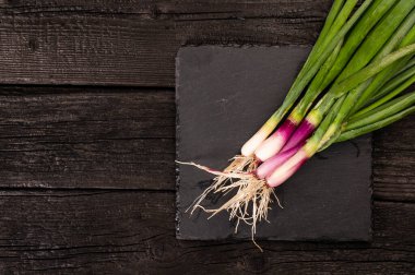 Taş tahtada bir demet taze soğan (soğanlar). Kopyalama alanı olan üst görünüm.